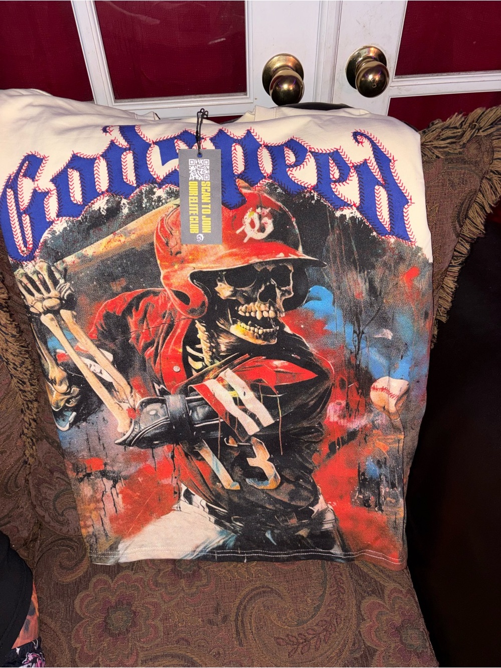 Skeleton Baseball Graphic Tee in Cream, Red & Blue
